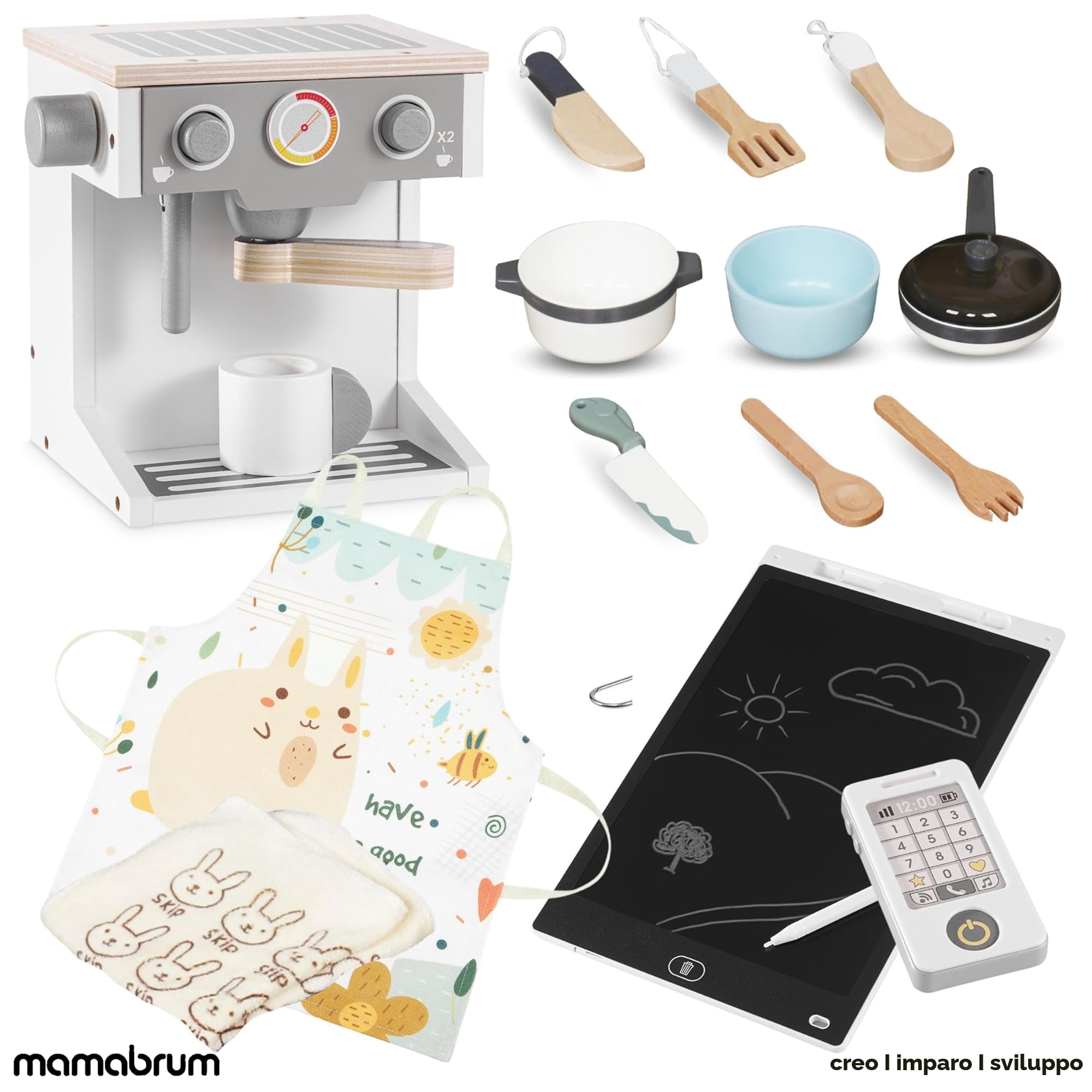 Mamabrum Cucina in Legno per Bambini 3+, Set XXXL con Luci LED, Caffettiera, Pentole, Frutta e Verdura | 50 Pezzi di Accessori Giocattolo