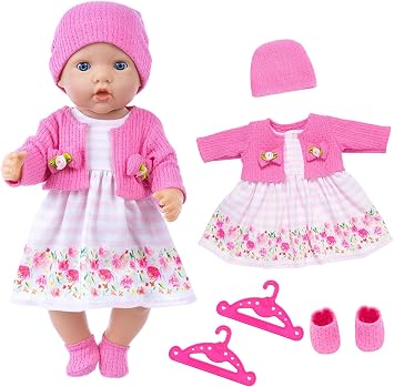 WanderGo Baby Doll Clothes 35-43 cm, 6-piece Outfit with Pink Cardigan + Floral Dress + Socks + Hat + 2 Hangers, Dolls Clothes for 14-18 inch dolls doll not included