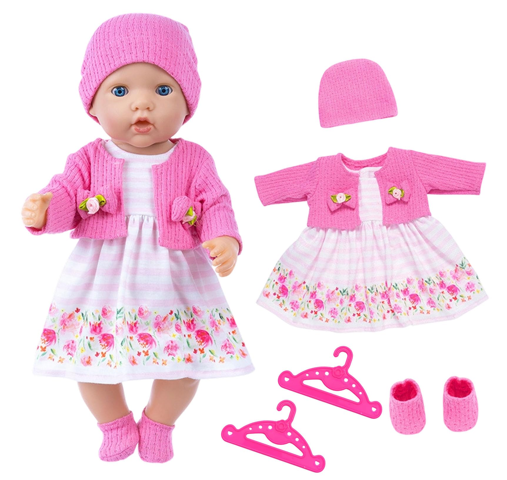 WanderGo Baby Doll Clothes 35-43 cm, 6-piece Outfit with Pink Cardigan + Floral Dress + Socks + Hat + 2 Hangers