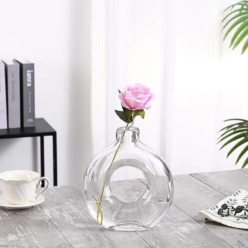 Miniatura 5 de Jarrón de vidrio, jarrón de vidrio con rosquilla, florero de vidrio transparente, florero moderno, florero decorativo, jarrón redondo de vidrio para