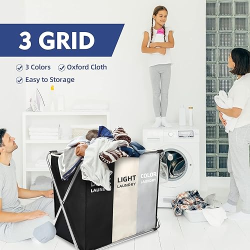 Miniatura 6 de Cesta clasificadora de cestas de lavandería de 180 litros, cesta grande plegable de 3 secciones para organización de lavandería, 28 x 21 x 15