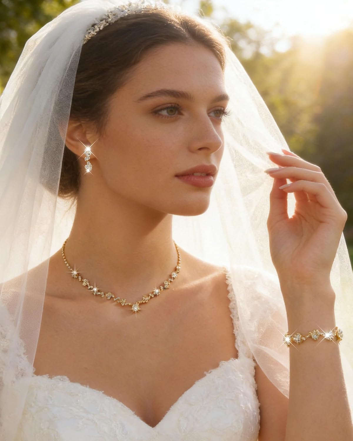 Gold Rhinestone Jewelry Set for Women Sparkling Rhinestone Y Shaped Necklace Adjustable Shining Crystal Bracelet Ring Glittering Rhine-stone Dangle Earrings Prom Wedding Bridal Jewelry Accessories - Image 3