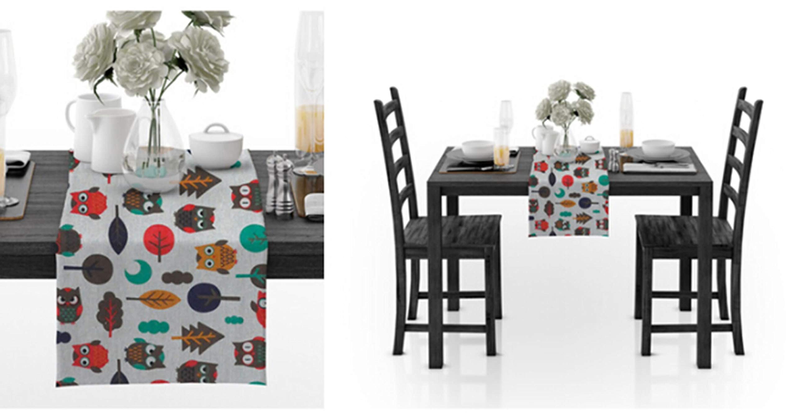 Runner Natalizio Cotone, Runner Cucina Marrone Rosso Verde Gufo e Albero Runner Da Tavola Lavabile, 30x360CM