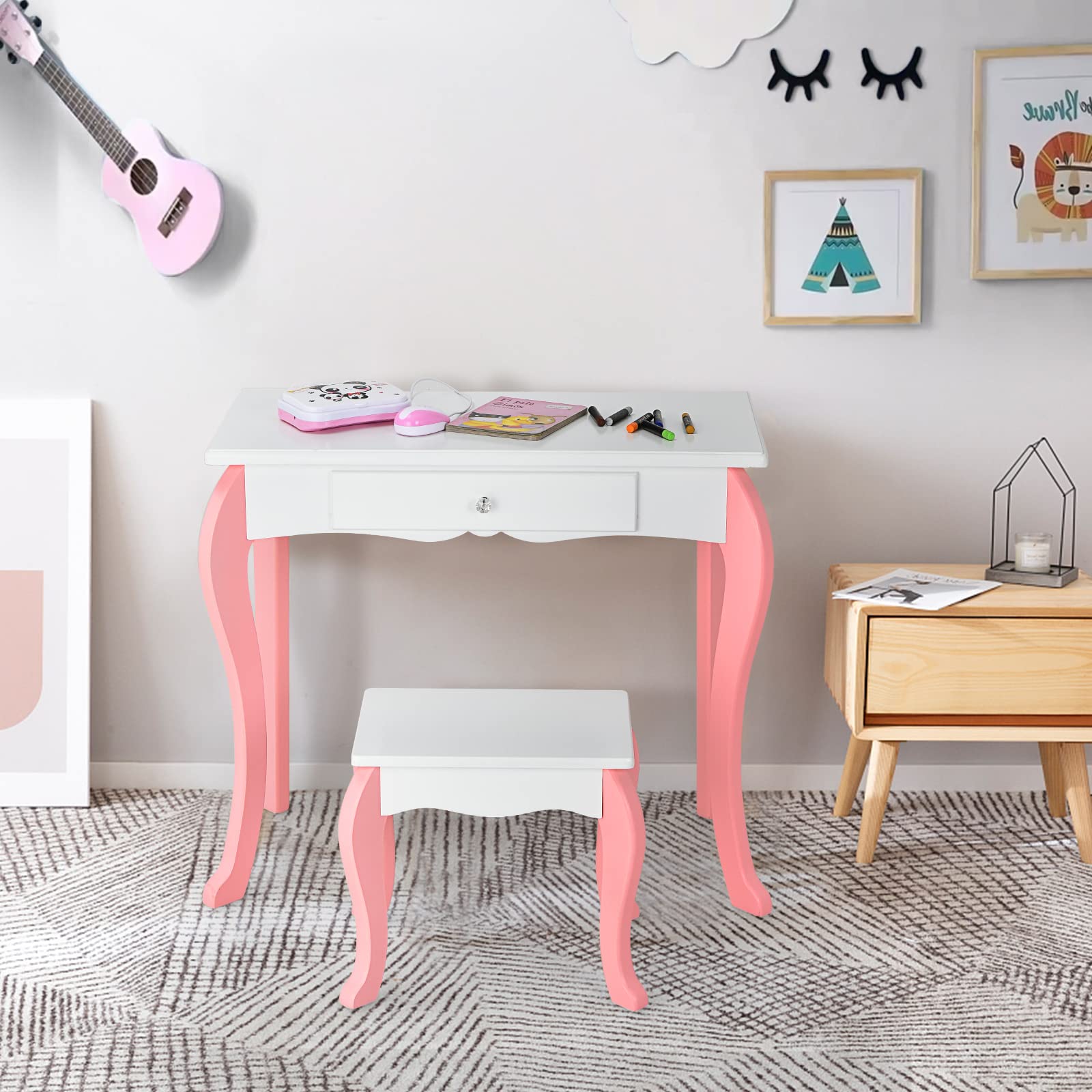 COSTWAY Toeletta Trucco 2 in 1 per Bambina, Specchiera Staccabile per Ragazza in Legno con Sgabello, Portapenni, Cassetto e Specchio Girevole a 360°, Postazione Trucco, 70 x 34 x 105cm (Bianco)