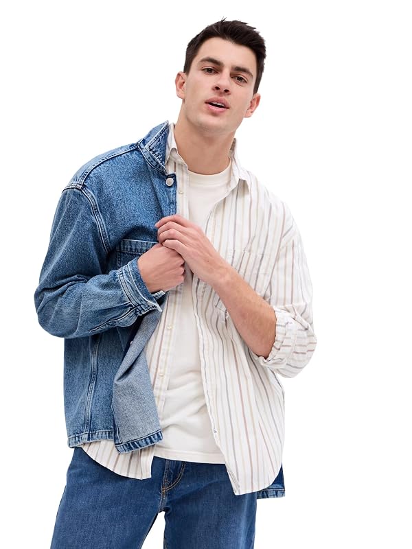 GAP Men's Long Sleeve Big Poplin Shirt, Tonal Khaki Stripe, S by GAP - Used condition - US$23.03
