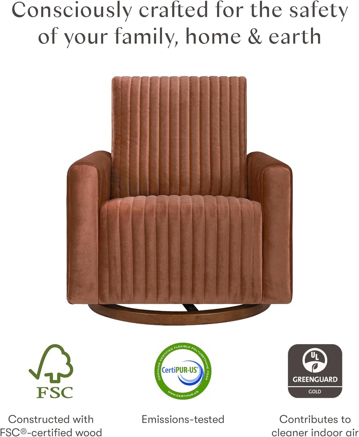 Babyletto Poe Channeled Swivel Glider in Rust Velvet and Dark Wood Base, Greenguard Gold and CertiPUR-US Certified