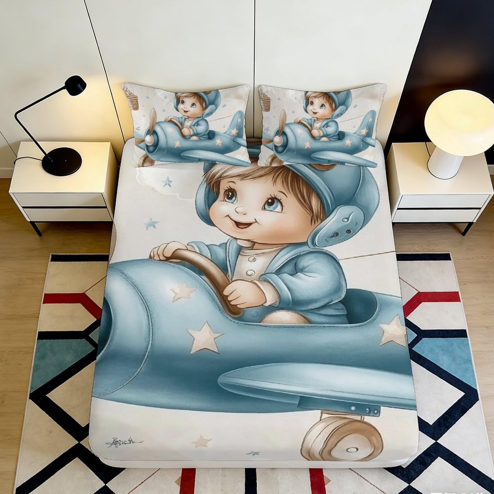 3D Printed Cute Airplane Boy Fitted Sheet Microfiber Soft Breathable Cartoon Plane Bed Cover for Bedroom Dormitory Guest Room Mattress Protection Decor 90x200x25cm