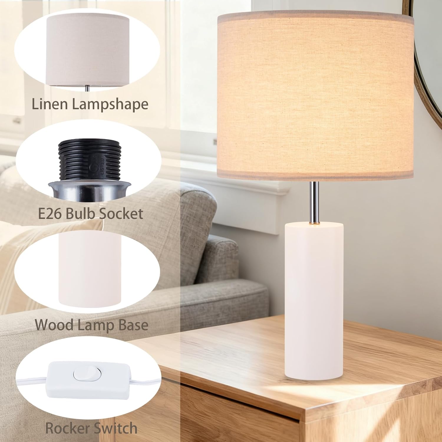 lapupu 23.5" Wood Table Lamps Set of 2 for Living Room, Vintage Farmhouse Bedside Lamps for Bedroom, Large Round Desk Lamps for End Table Nightstand, White