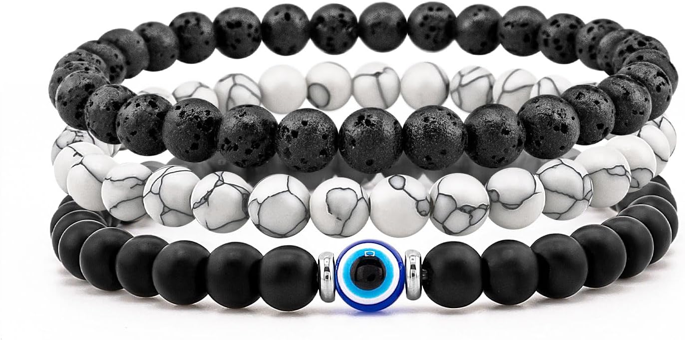 3PCS Evil Eye Bracelet 6mm Tiger Eye Natural Stone Stretch Adjustable Black Crystal Beaded Bracelet for Men Women Gifts