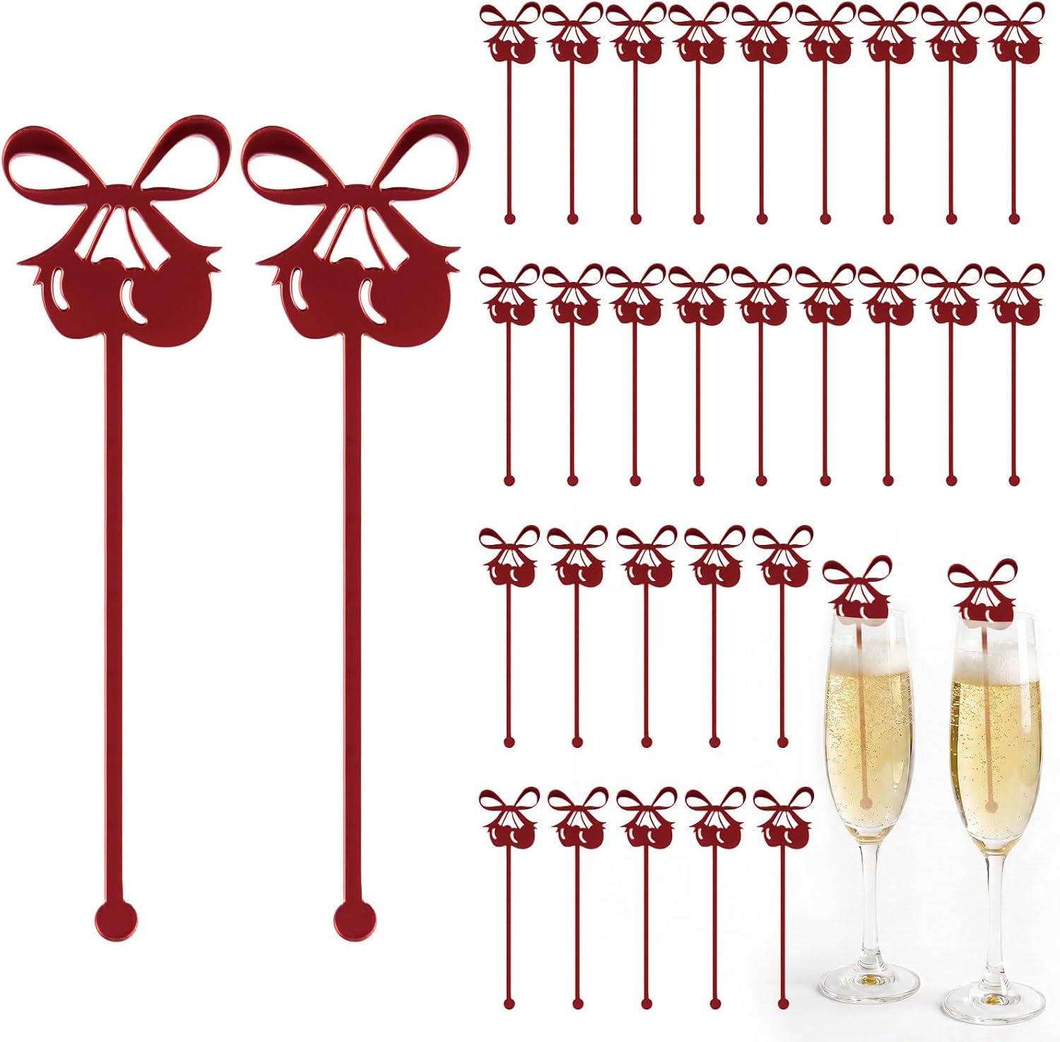60Pcs Bow Cherry Drink Stirrers for Cocktail, Wine Red Plastic Drink Toppers Cocktail Picks Disposable Drinks Swizzle Sticks for Beverage Coffee Wedding Party Decoration