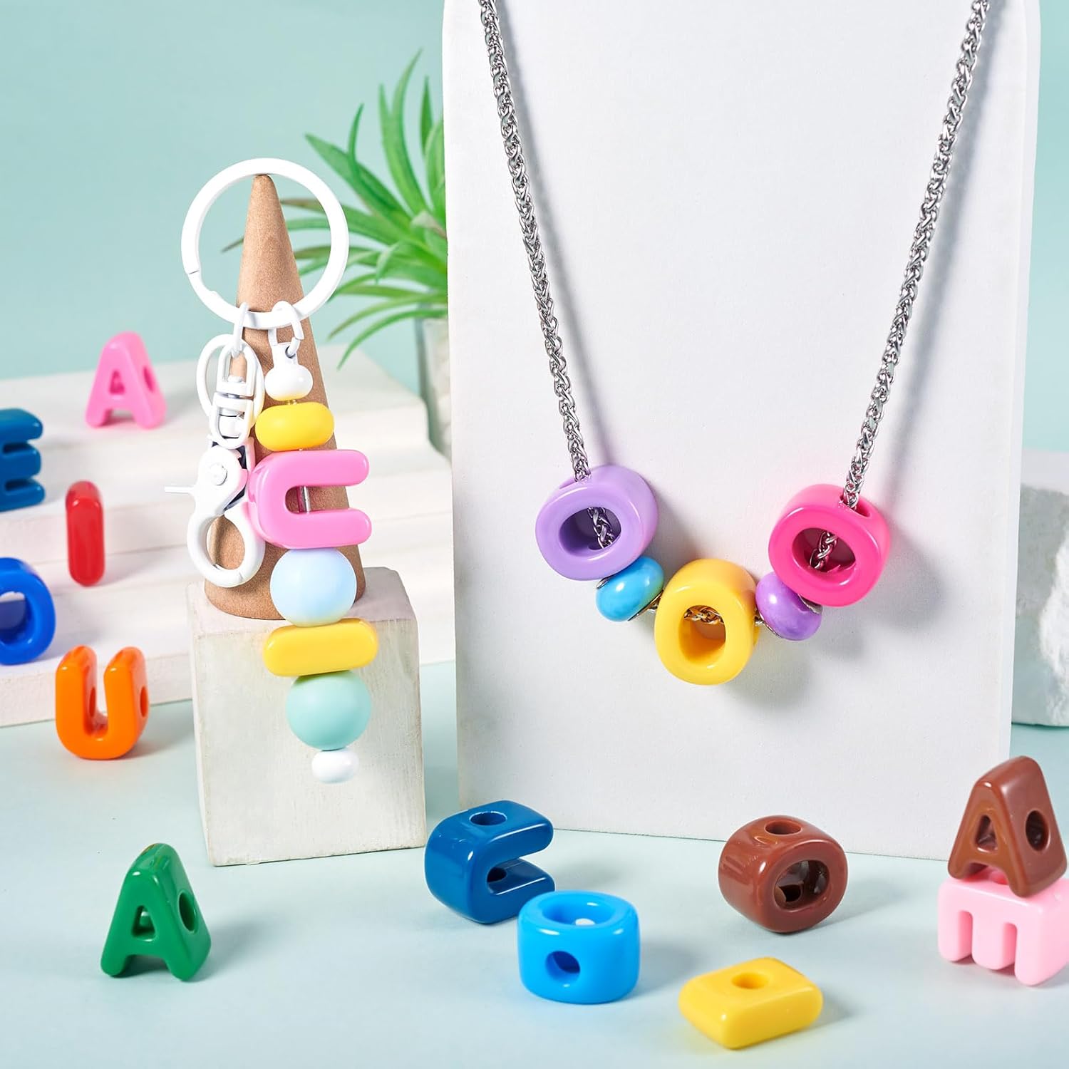 FASHEWELRY 50Pcs Large Acrylic Slide Letter Beads Candy Color Vowel Alphabet Beads 3D Initial Slider Beads with Horizontal Hole for Wristbands Bracelets Necklace Choker Jewelry Making