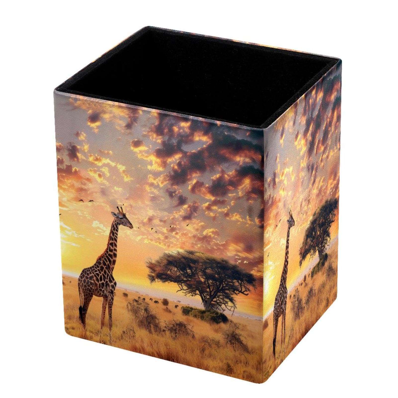 DragonBtu Desktop Pencil Holder, African Giraffe Sunset Rectangular Pencil Cup, Pencil Storage Bag Office Desk Supplies Case for School, Kids