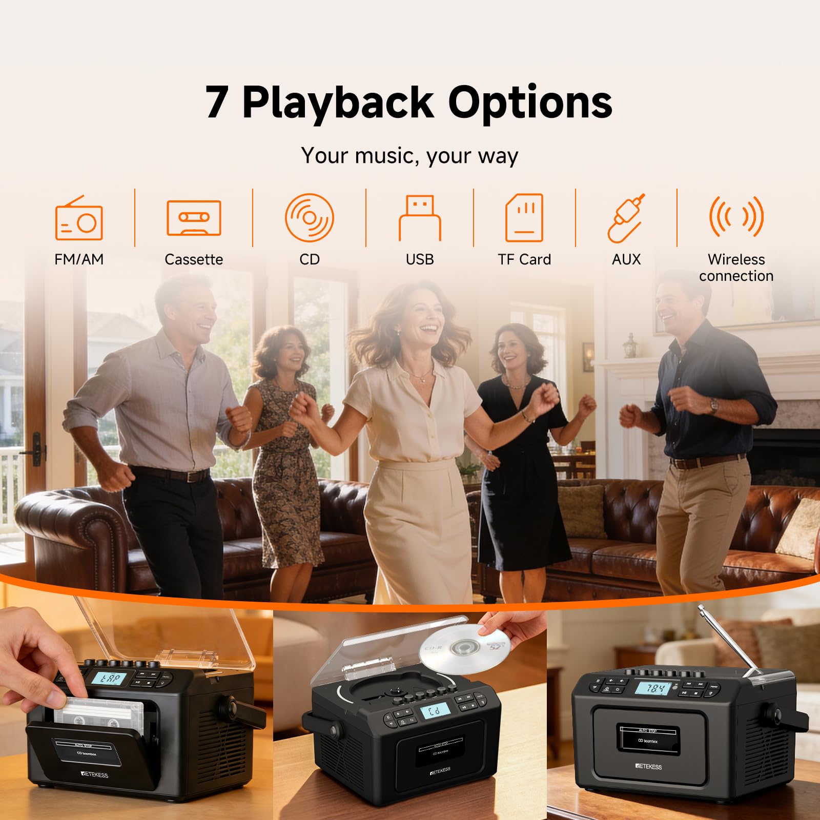 Retekess TR642 Lecteur CD Portable Radio AM FM Cassette Batterie 5000 mAh Boombox Stéréo