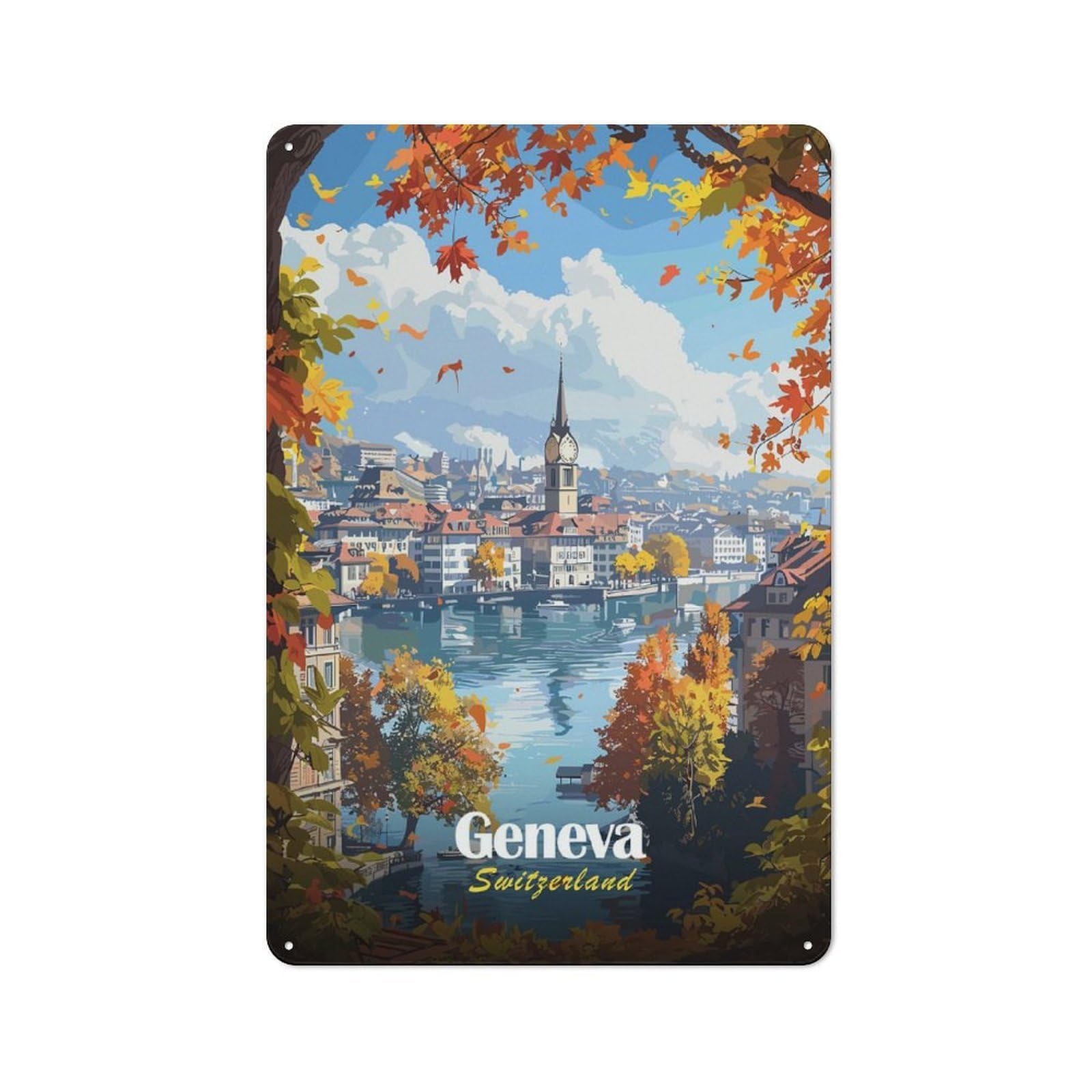 Geneva, Switzerland Autumn View Decorative Metal Plaque 30x20cm, Shop Front Style Bistro Wall Plaque for Tea Room, Shop Wall Or Breakfast Area