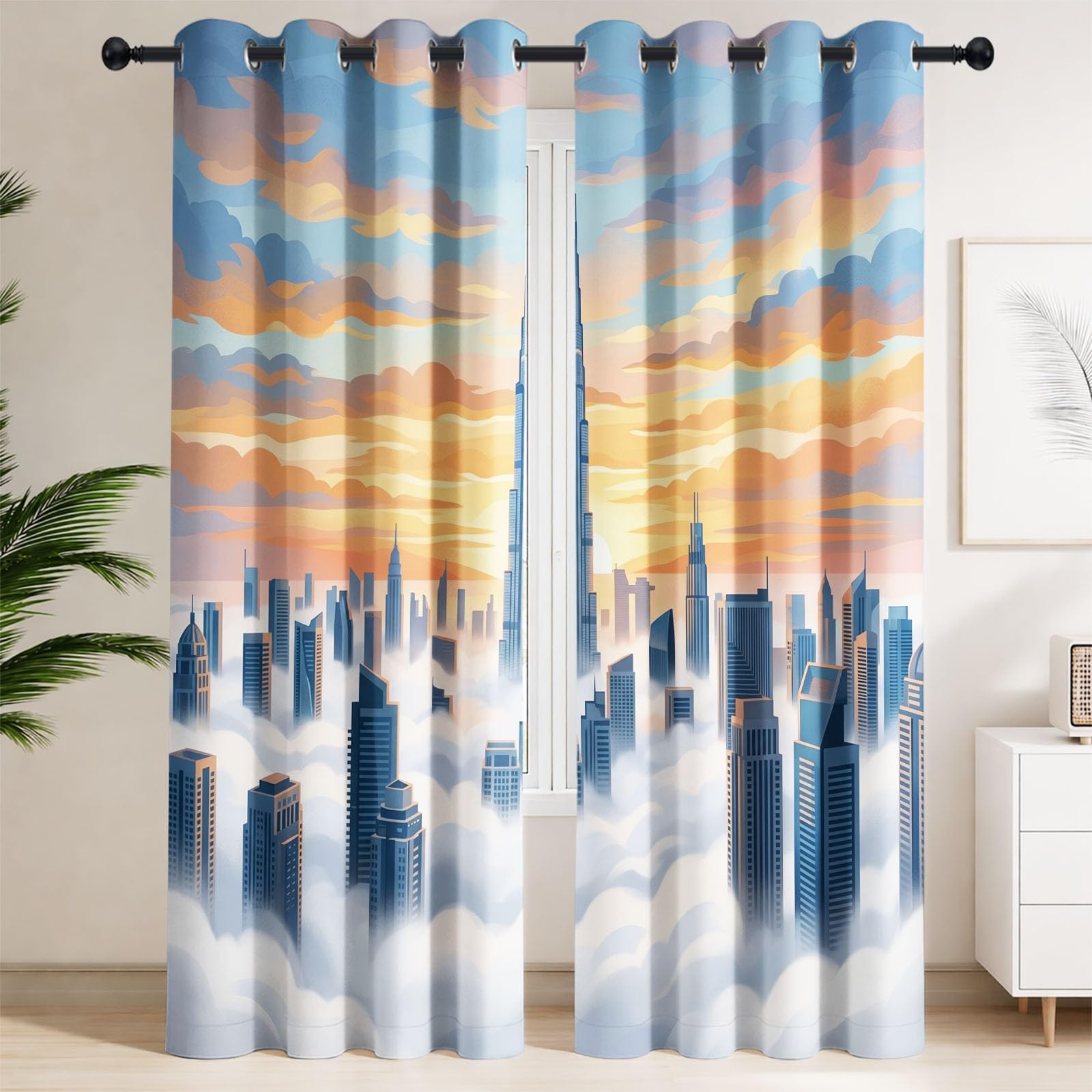Générique Lot de 2 Rideau Occultant Moderne Cinématique Nuage Ville 140L x 1220H CM, Rideaux Thermique Isolant Anti Froid, Rideau Occultant - Rideaux Fenetre pour Chambre et Salon