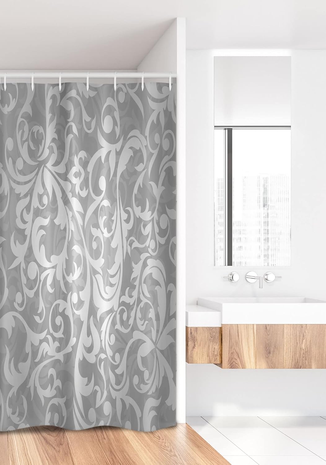 Ambesonne Grey Stall Shower Curtain, Victorian Style Large Leaf Floral Pattern Swirl Classic Abstract French Vintage Print, Fabric Bathroom Decor Set with Hooks, 36" W x 72" L, Silver Gray