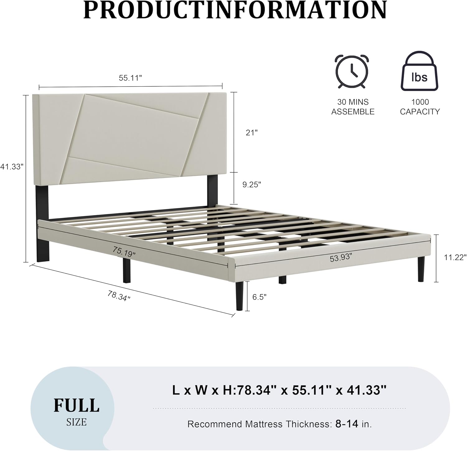 Full Size Bed Frame Platform with Velvet Upholstered Headboard, Geometric, Sturdy Frame and Wooden Slats, Noiseless, No Box Spring Required, Easy to Assemble,Beige