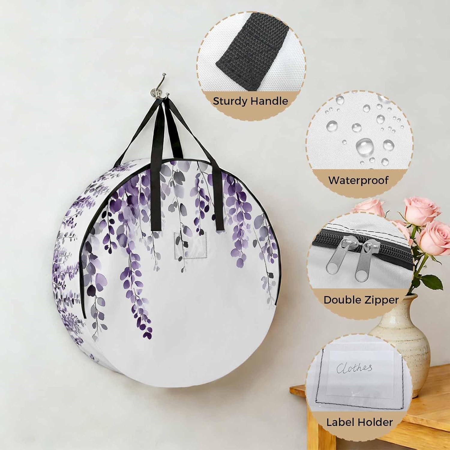 Dark Purple Round Storage Bag 36 Inch, Eucalyptus Leaves Watercolor Plants Country Clothes Storage Container with Handles Heavy Duty Organizer for Comforter, Bedding & Holiday Wreaths