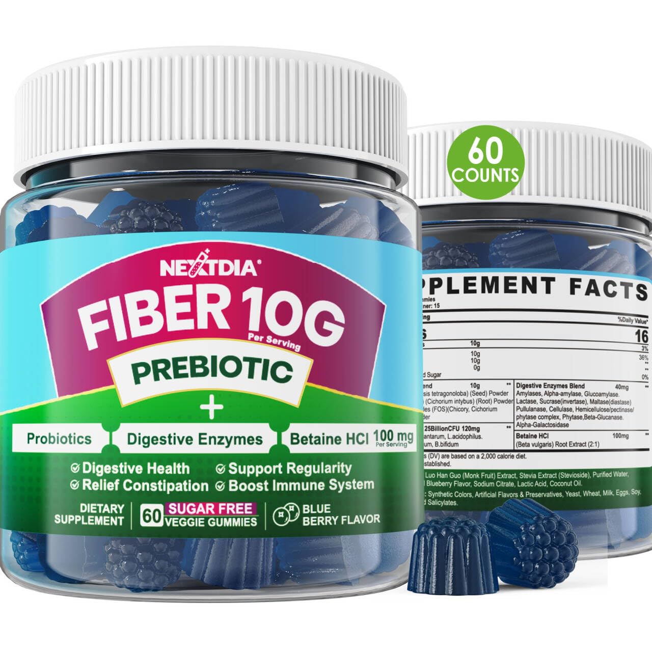 Fiber Gummies for Adults, Sugar Free 10g Prebiotic Fiber Supplement with Digestive Enzymes, Probiotics & 100mg Betaine for Digestive & Gut Health and Regulate Bowel Movement, Vegan, Gelatin Free, 60ct