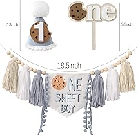 Vista 5 de Cartel para silla alta con temática de galletas One Sweet Boy para decoración de fiesta de primer cumpleaños con sombrero de cumpleaños