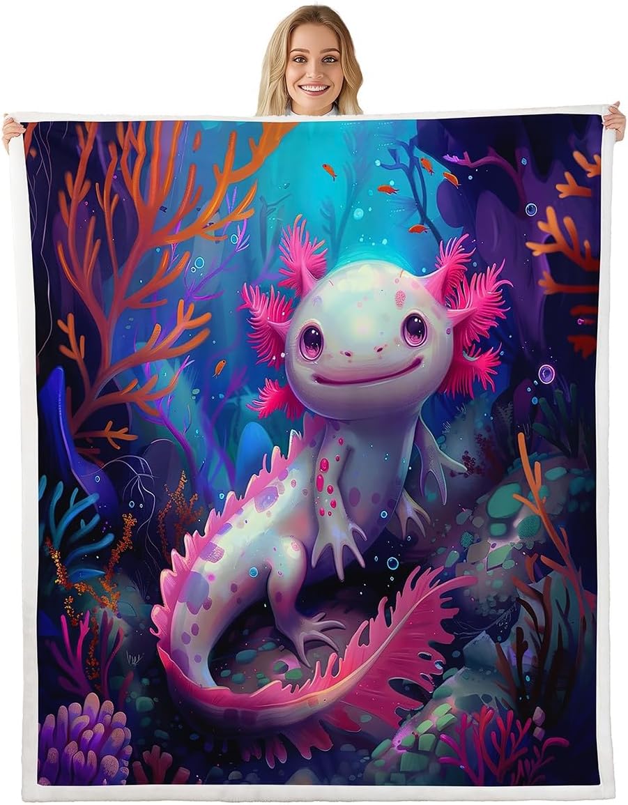 3D Axolotl Blanket Twin 60x80 Watercolor Coral Seaweed Blanket for Kids Teens Girls Cute Salamander Sealife Sherpa Blanket Lightweight Undersea World Blanket Living Room Decor
