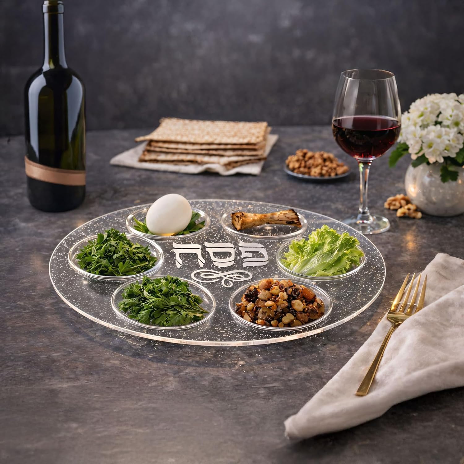 Rite Lite Plastic Seder Plate Clear Glitter Passover Gifts Stylish & Colorful Pesach Seder Serving Dish Recipe Hebrew & English Haggadah Traditional Jewish Hostess Holiday Party Plate Decor 12"