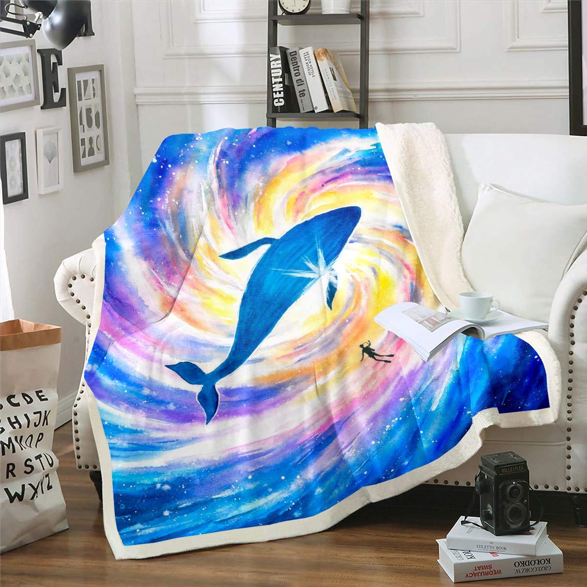 Loussiesd Galaxy Sherpa Blanket Oil Painting Watercolor Art Fleece Throw Blanket Whale Swim In Outer Space Psychedelic for Sofa Bed Couch for Kids Boys King 87x94 Inch — image 1