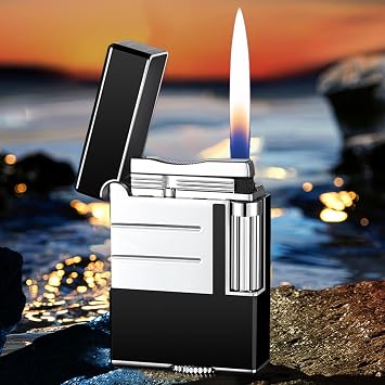 Classic Brushed Gas Lighters, Zinc Alloy Refilled Butane Lighter, Side Wheel Frosted Lighter, Adjustable Flame Flip Lighters, for Outdoor, Camping, Mens Gifts Silver Black