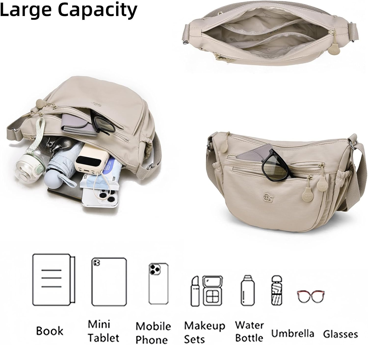 Women's Nylon Crescent Hobo Bag Medium Multi-Pocket Crossbody with Adjustable Strap, Ideal for Work Travel