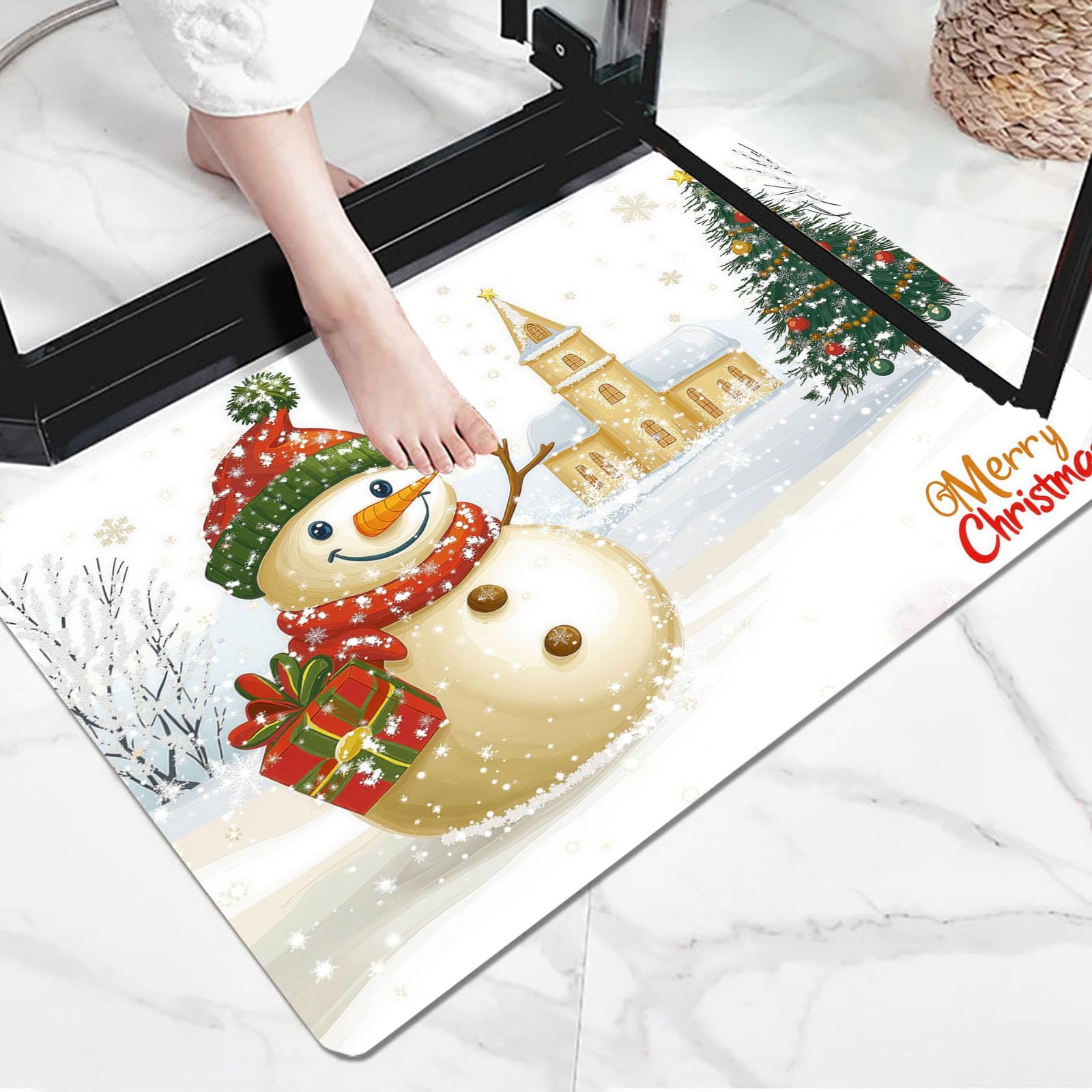 Fußabtreter Innen mit Schneemann, Weihnachtsmotiv Im Cartoon-Stil Waschbare rutschfeste Fußmatte für drinnen und draußen, Willkommensmatte für Eingangsbereich, 80x120cm