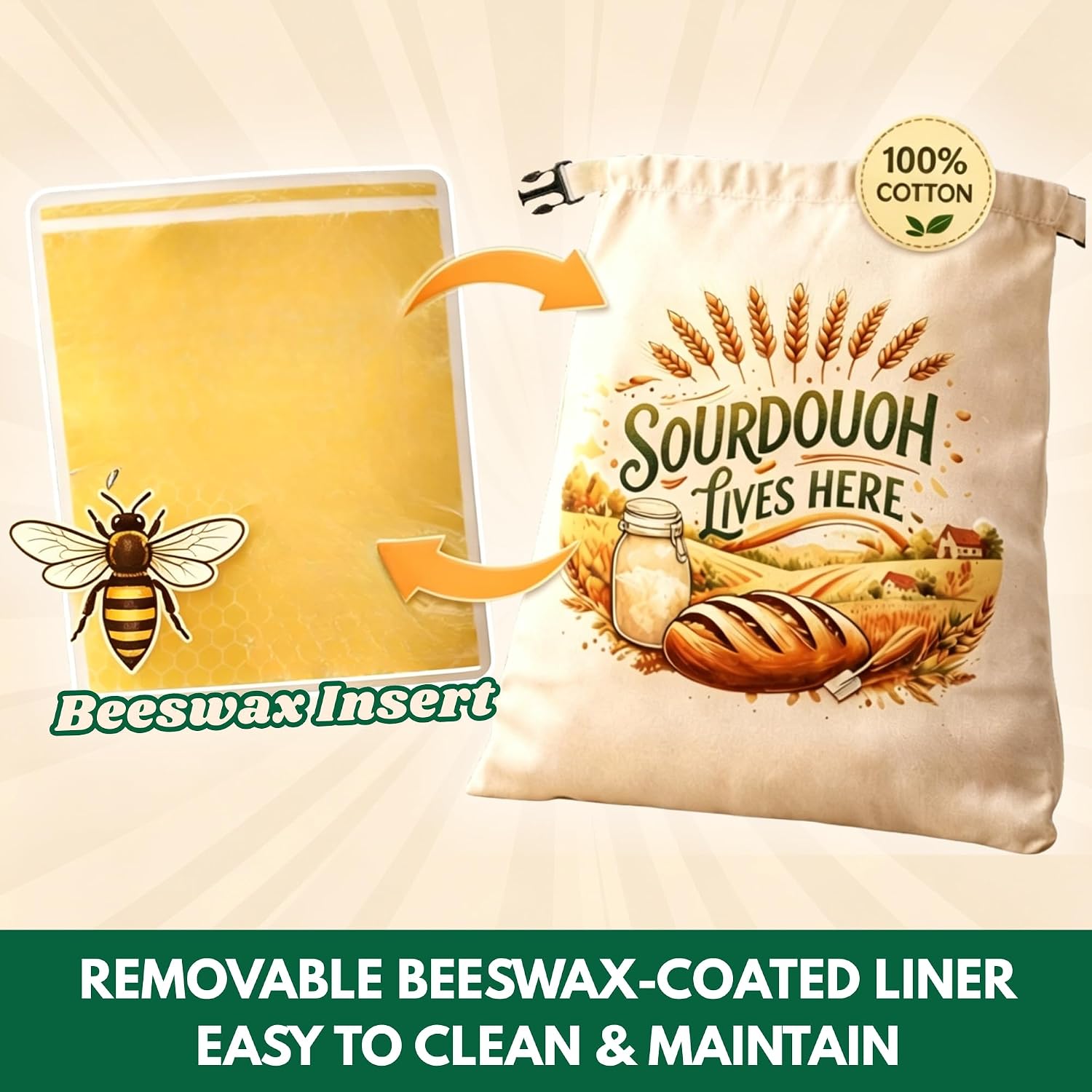 XL Beeswax Bread Bags for Homemade Sourdough Bread, 2 Pack, Cotton with Removable Beeswax-Coated Liner, Reusable, 17x13 inch
