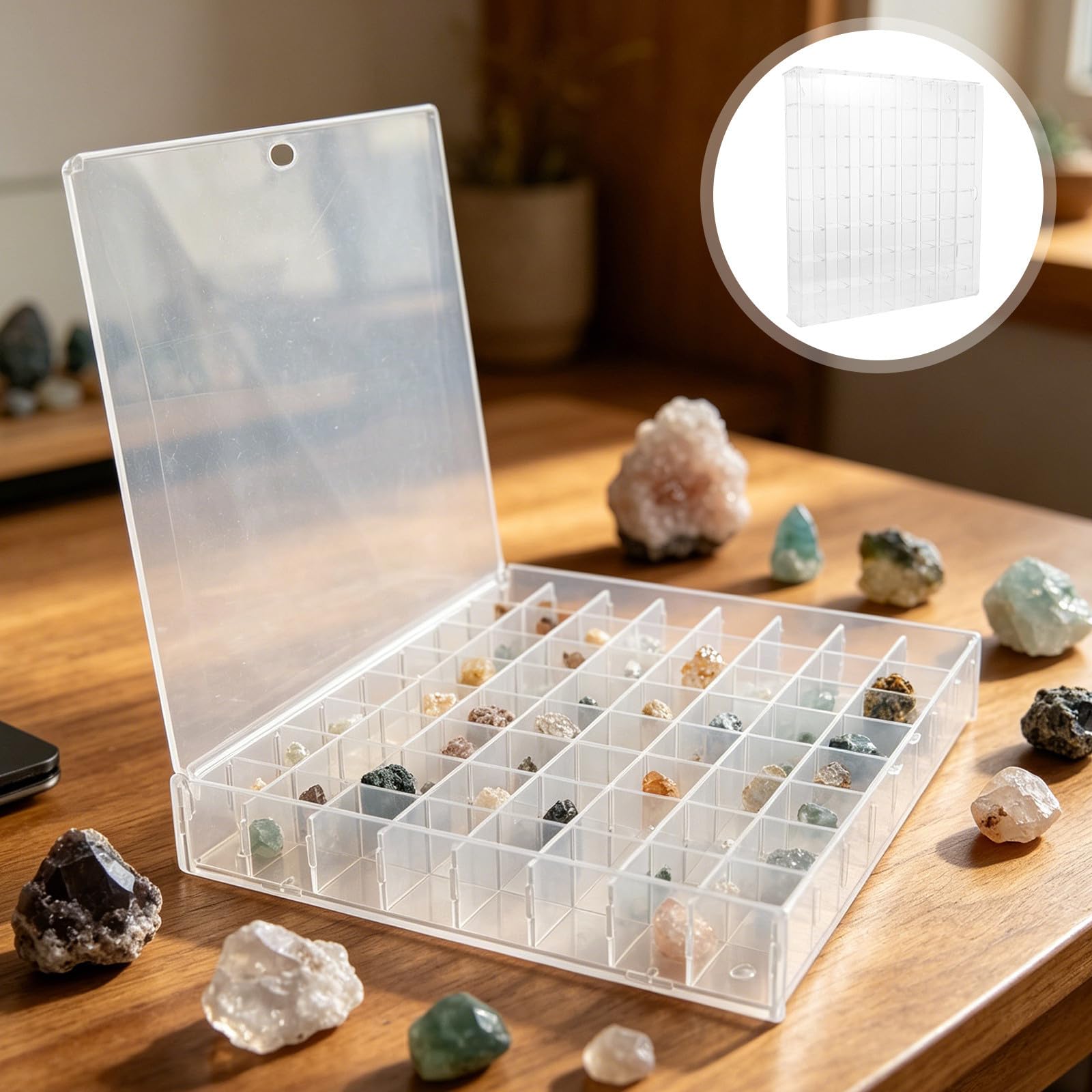 Vitrina Expositora Acrílica para Colecciones de Minerales y Cristales con 64 Compartimentos y Puerta, Adecuado para Habitaciones Compactas y Montaje en Pared
