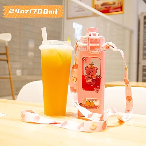 Vista 6 de Kawaii Water Bottle for Girls Cute Kids Water Bottles with Straw Square Drinking Bottle, Portable Leakproof Water Jug for School, 24 oz (Pink-700ml)