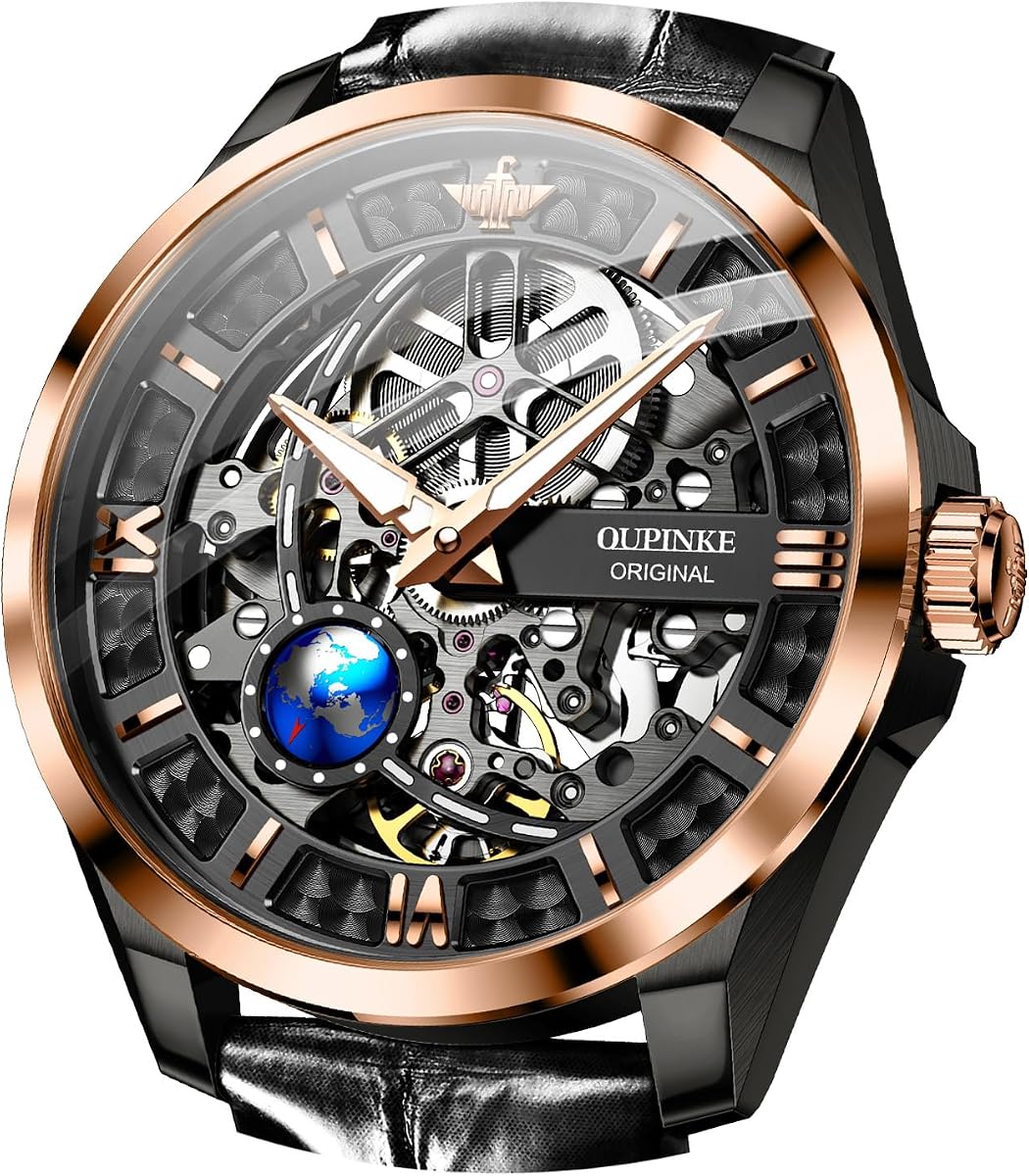 Relojes automáticos OUPINKE Skeleton para hombre Vestido mecánico de lujo Cuero impermeable 50 M/5 ATM Relojes luminosos para hombre