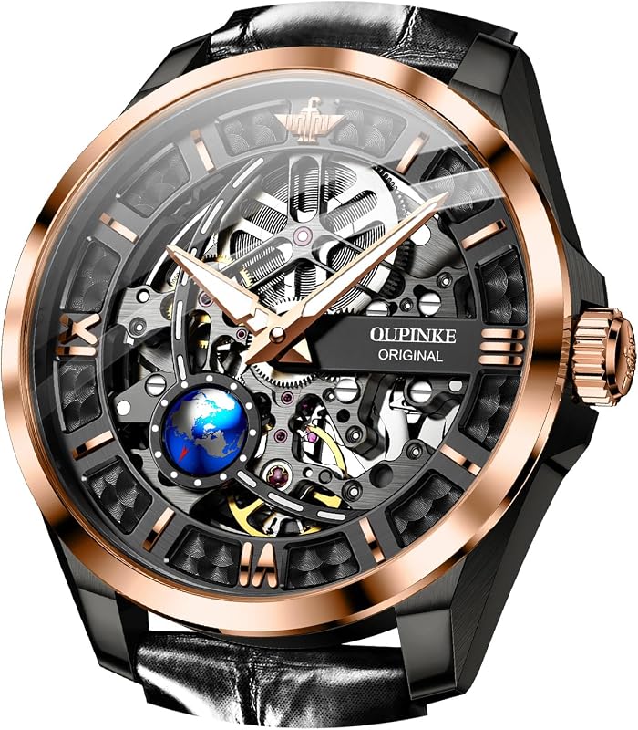 Relojes automáticos OUPINKE Skeleton para hombre Vestido mecánico de lujo Cuero impermeable 50 M/5 ATM Relojes luminosos para hombre