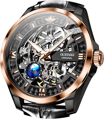 OUPINKE Skeleton Mens Automatic Watches Mechanical Luxury Dress Leather Self Winding Waterproof 50M/5ATM Luminous Watches for Men