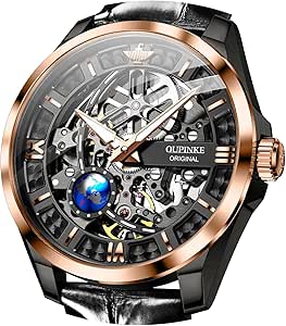 OUPINKE Skeleton Men's Automatic Watch - Mechanical Luxury Dress Watch with Leather Strap, 50M Waterproof, Luminous