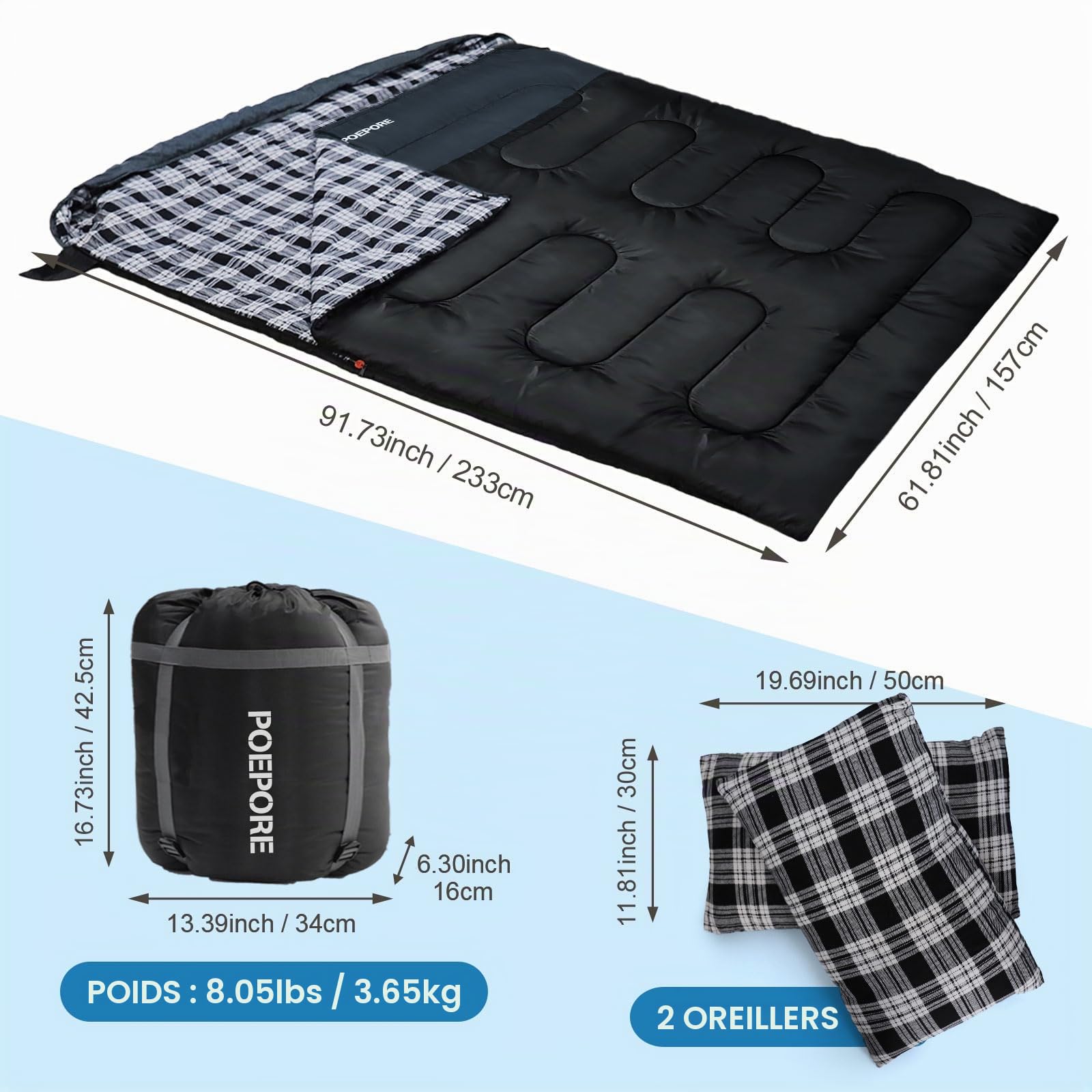 Sac de Couchage Double en Flanelle pour Adulte Sac de Couchage 2 Personnes Hiver avec 2 Oreillers pour Camping Randonnée Voyage Extérieur Intérieur Maison 233 * 157CM