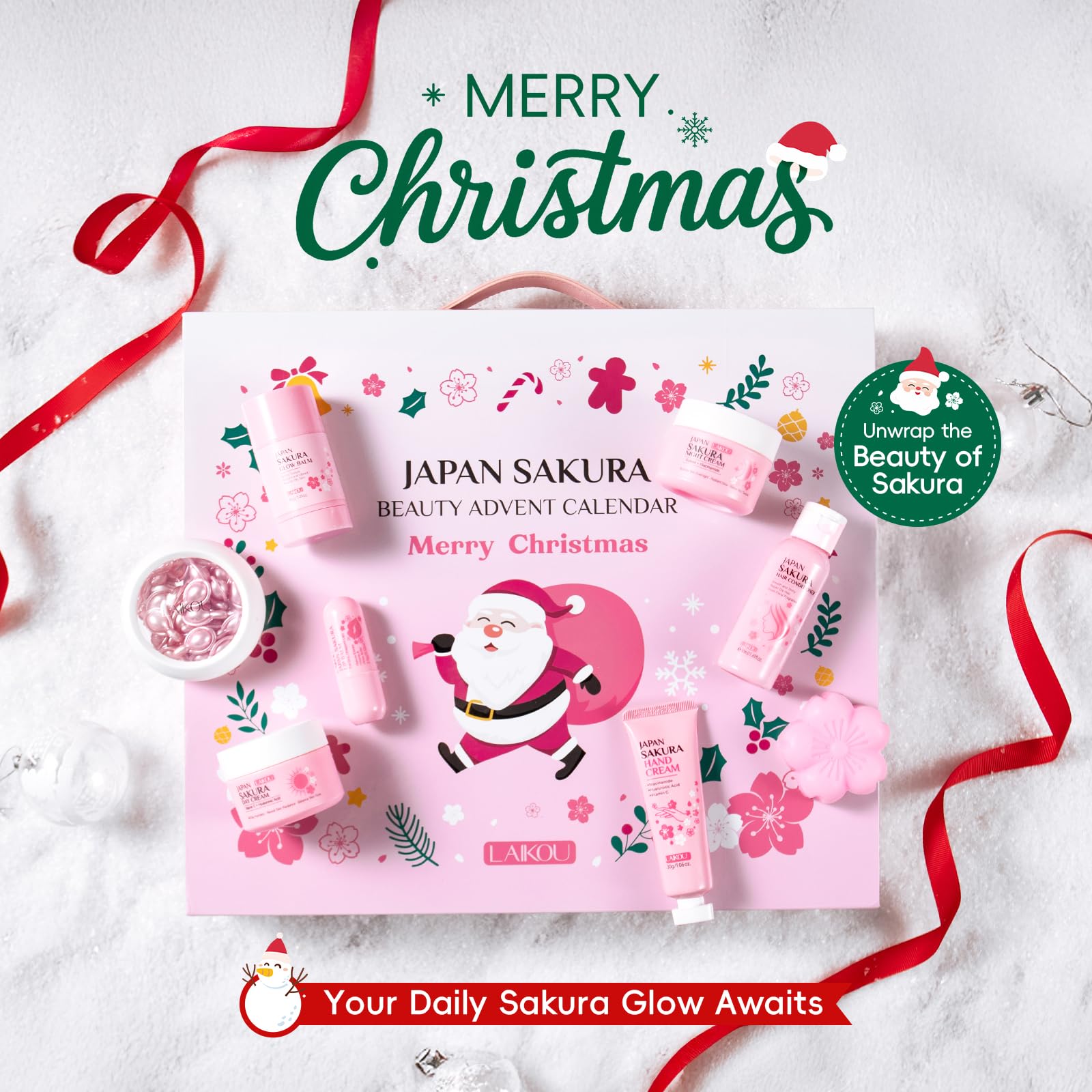 LAIKOU Beauty Adventskalender 2025 Frauen, 24-teiliges Sakura Gesichtspflege Set Damen, Weihnachtsgeschenk für Frauen Mädchen & Teenager