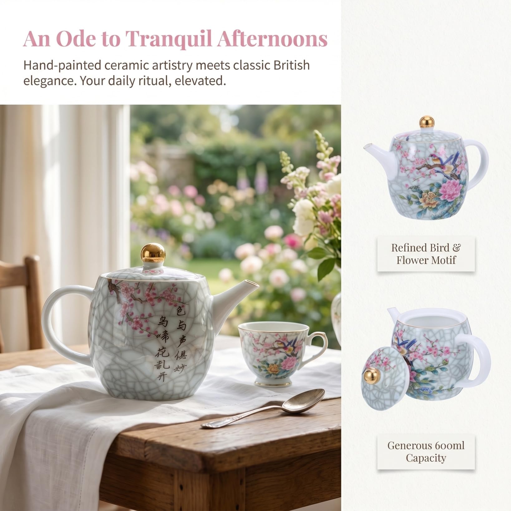 Cabilock 1 taza de café de cerámica decorativa, hervidor eléctrico, tetera con pájaros, ortiga, bebida, infusor de té, tetera pequeña, cerámica