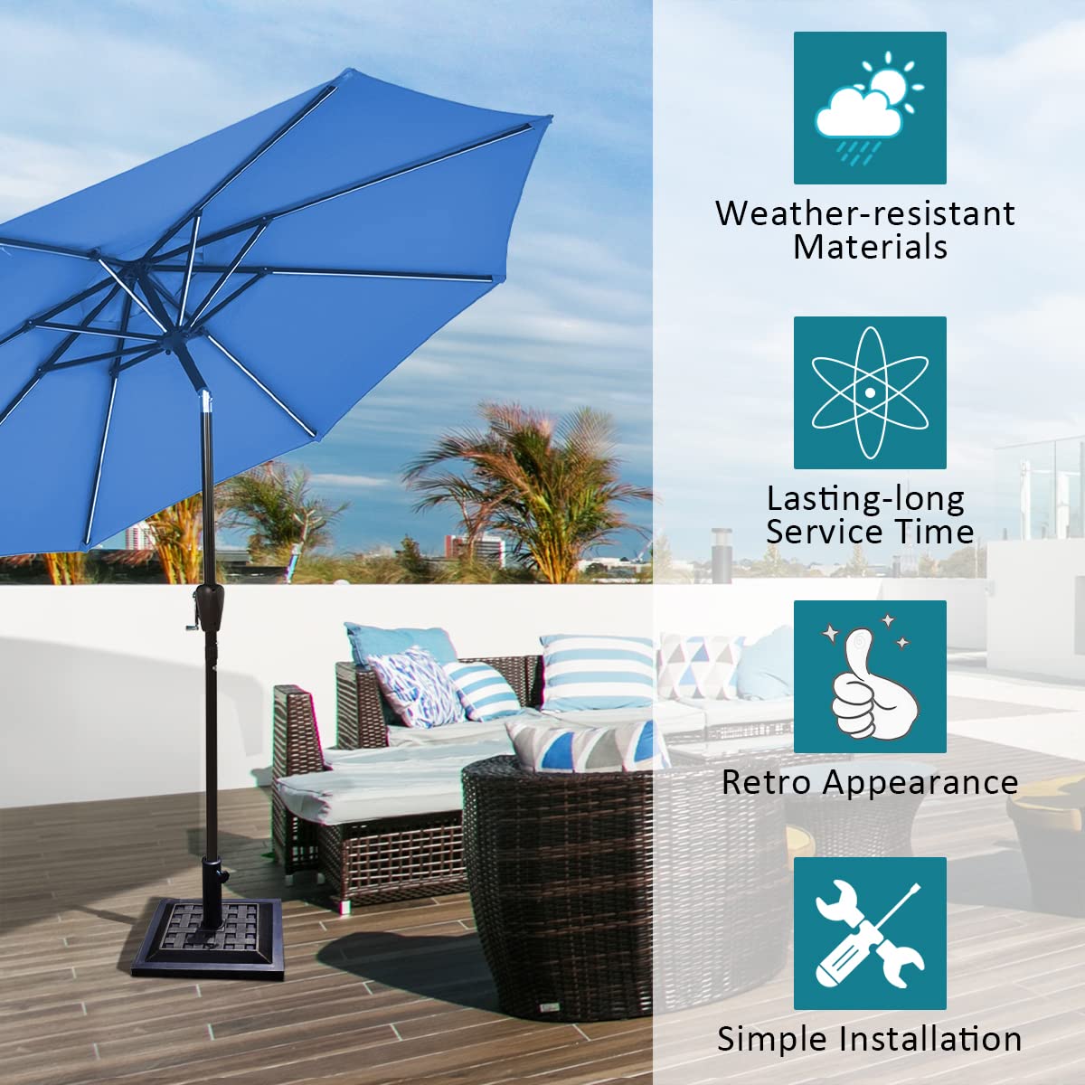 RELAX4LIFE Pied de Parasol Carré 12kg en Résine, Base de Parasol Lourde avec Tube en Acier Inoxydable pour Mâts Ø 38/48mm, Support de Jardin Stable et Robuste, Design Moderne, Noir