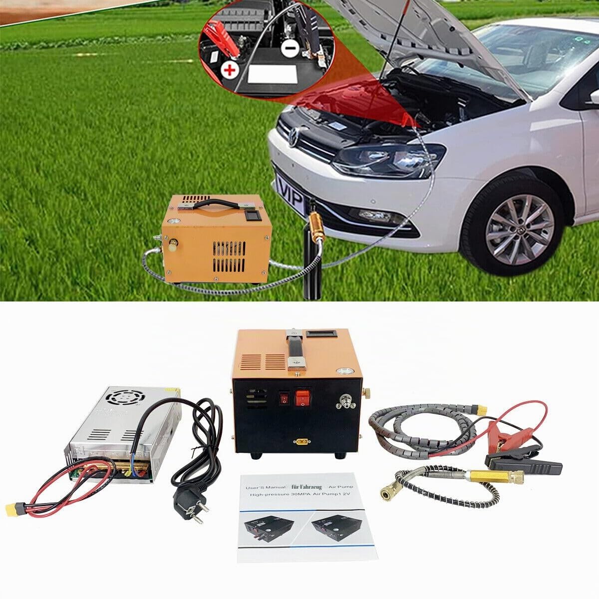 PCP Luftkompressor AC220V/DC12V, 300 W PCP Luftgewehrkompressor 4500 PSI/30 MPa mit Eingebautem Lüfterkühlsystem, Ölfreier Paintball Tankkompressor für Luftgewehr, Tauchflasche