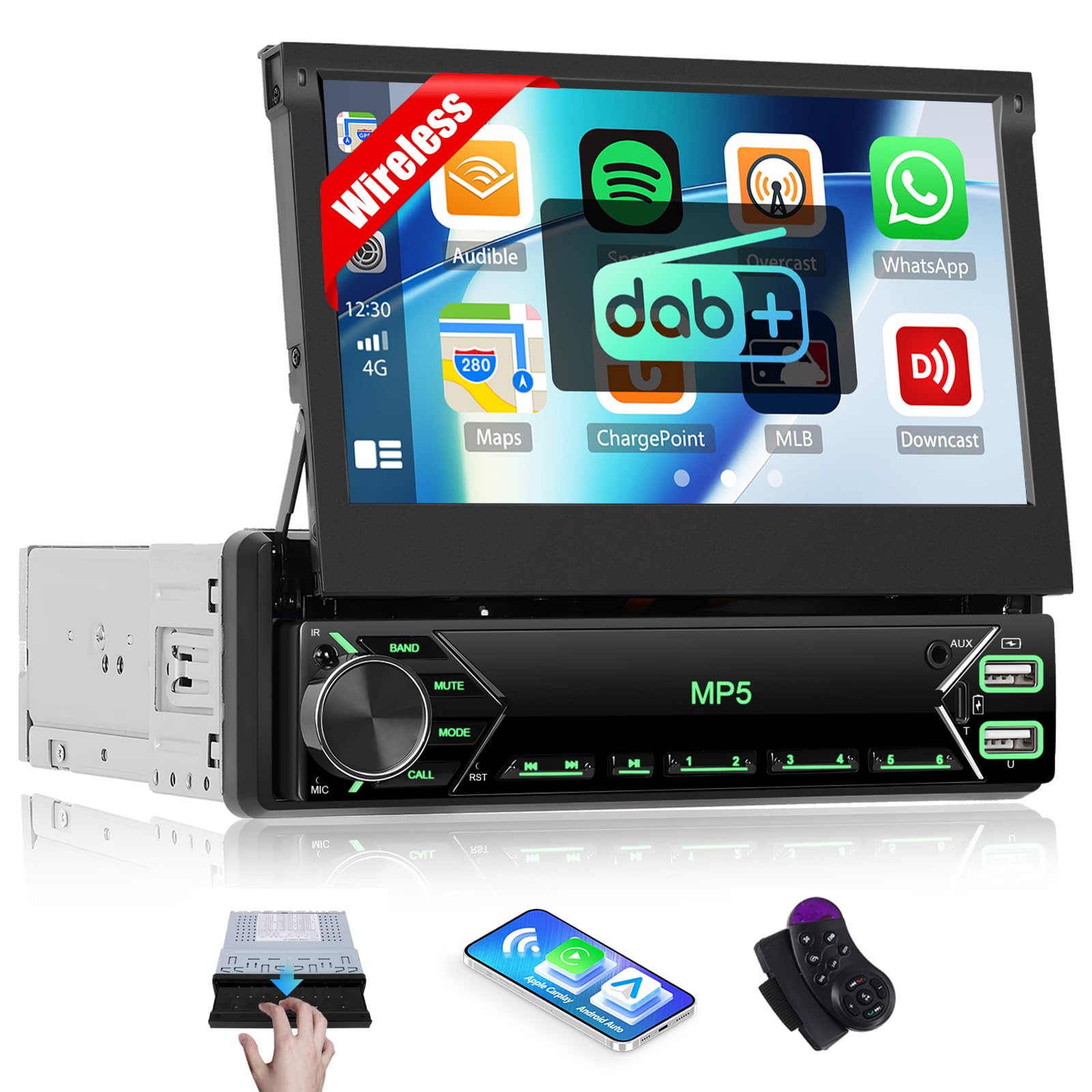 Draadloos CAMECHO Autoradio Bluetooth 1 Din met draadloze Carplay