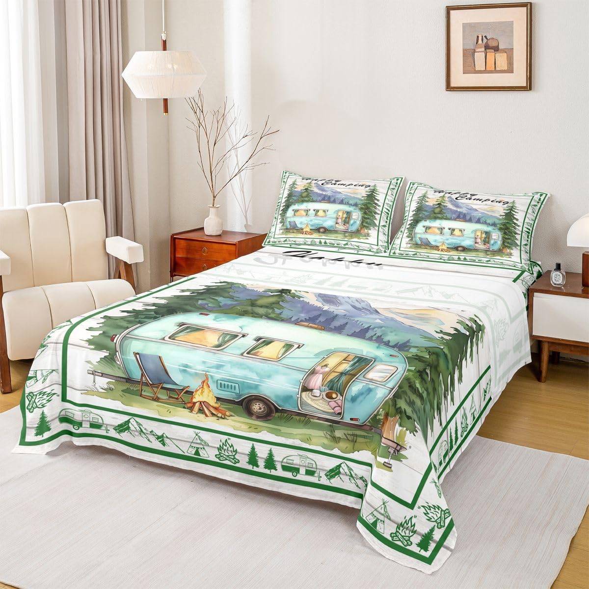 jejeloiu Camping RV Bed Sheets Set King Size Happy Camping Bed Set for Kids Boys Girls Bonfire Deep Pocket Fitted Sheet Breathable Soft Lightweight Microfiber
