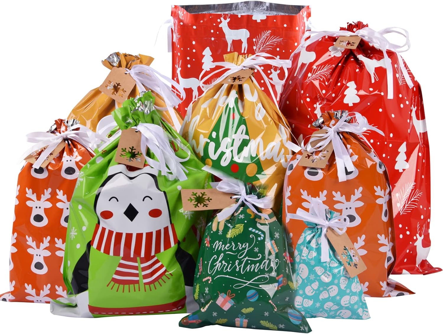 Drawstrings Christmas Gift Bags Assorted Sizes, 34Pcs