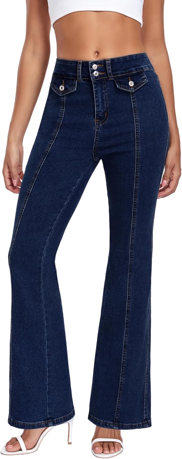 MARIASHA Flared Jeans for Women Stretchy Denim Pants with Blue Wash High Waisted