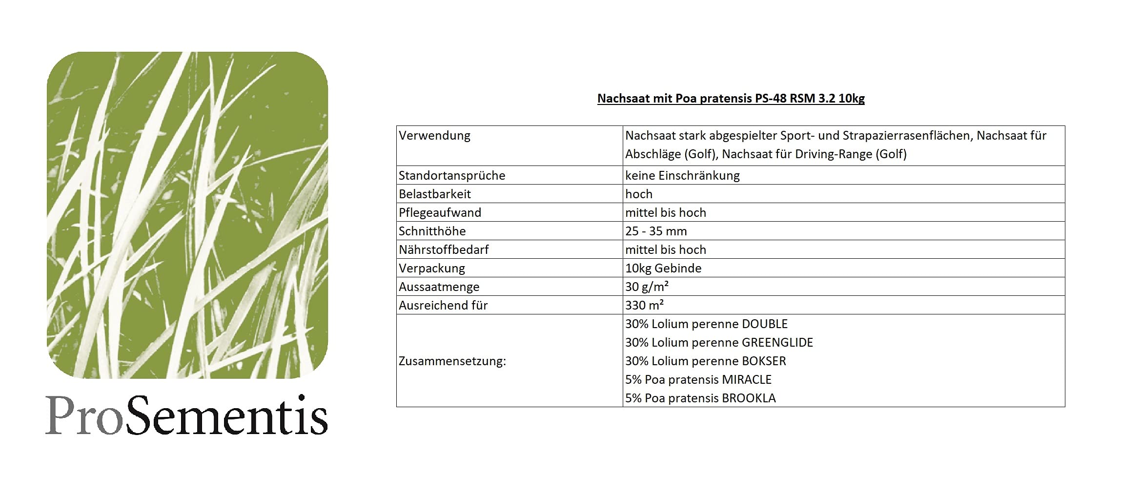 Rasen Nachsaat Sportrasen Regenrationsmischung mit Poa Pratensis RSM 3.2 PS-48 10kg