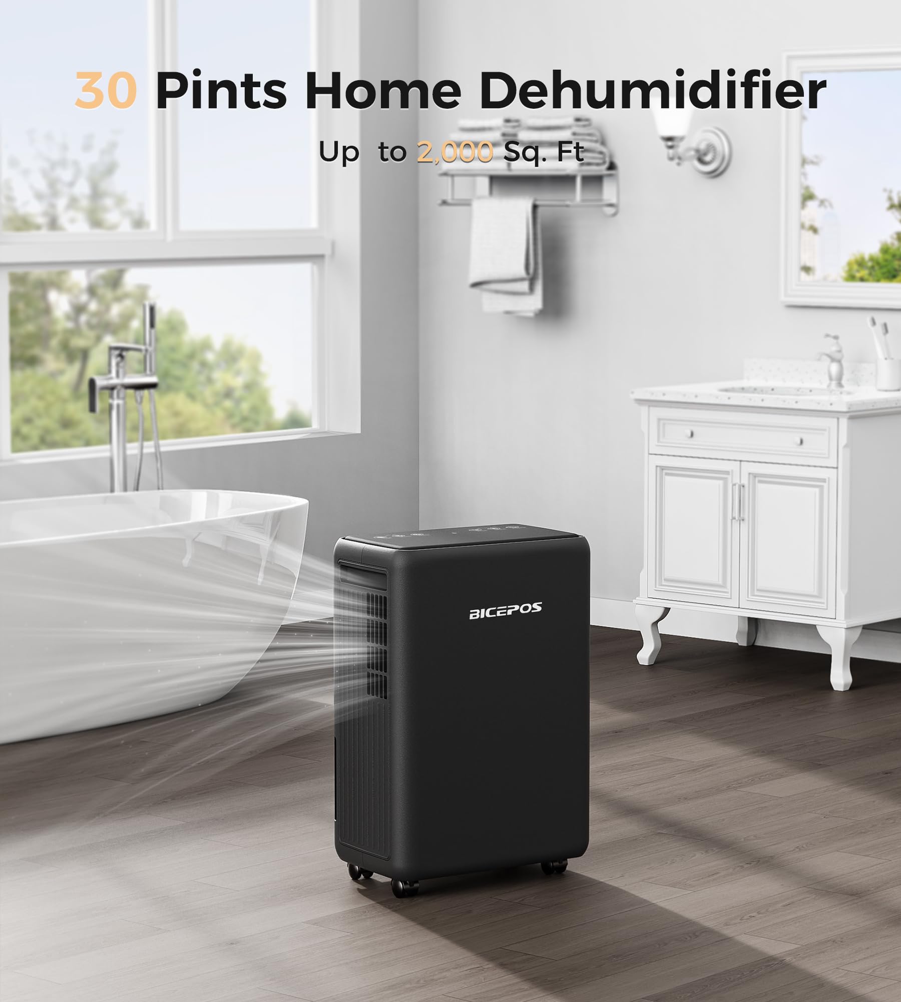 Bicepos 2000 Sq.Ft Dehumidifier for Basement, 30 Pints Dehumidifiers for Home with Drain Hose, 0.52 Gal Water Tank, Intelligent Humidity Control, Auto Shut Off, For Large Rooms and Home