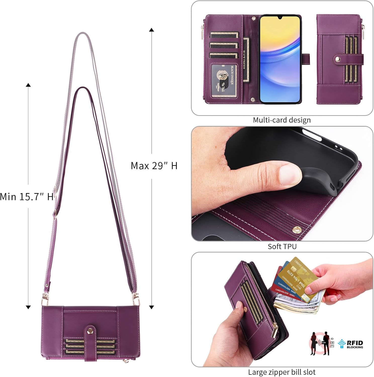Asuwish Phone Case for Samsung Galaxy A16/A26 5G Wallet Cell Cover with Tempered Glass Screen Protector RFID Blocking Crossbody Strap Flip Card Holder Slot A 16 26 16A 26A 4G SM-A166U Women Men Purple