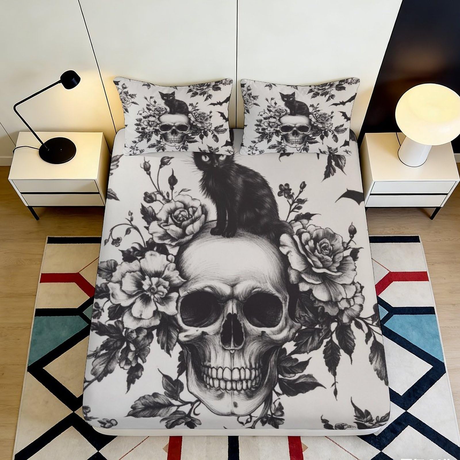3D Printed Gothic Skull Floral Fitted Sheet Microfiber Deep Pocket Elastic Hem for Adults Bedroom Bedding Skull Mattress Fitted Cover Non-Slip 140x200x25cm